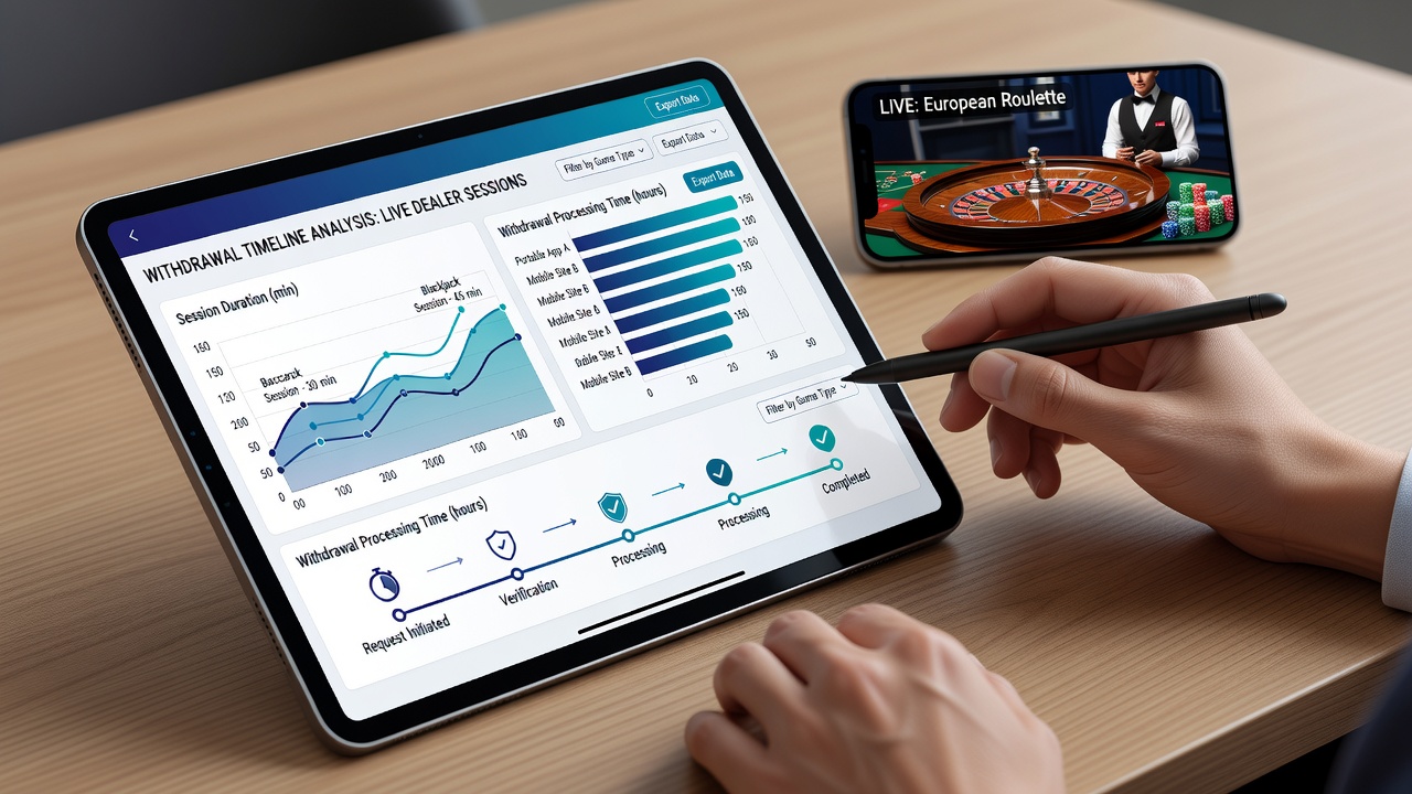 Analytics dashboard showing withdrawal timeline metrics for mobile live dealer sessions