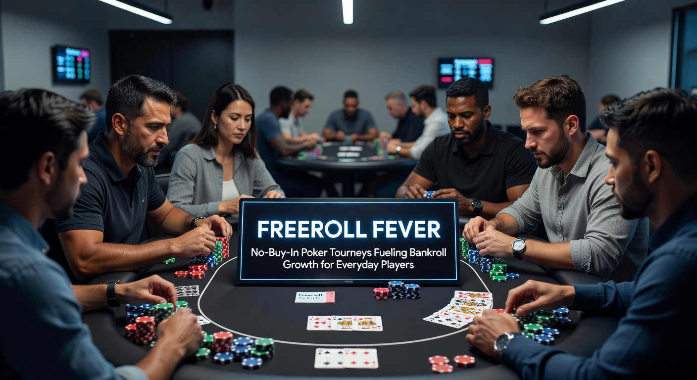 Players competing in an online freeroll poker tournament on a laptop screen, showing stacks of virtual chips and real cash prizes
