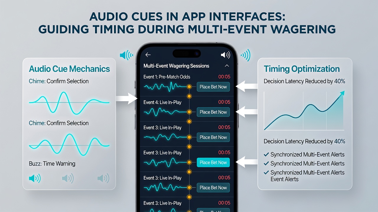 Close-up of wagering app dashboard with highlighted audio cue indicators for live event timing
