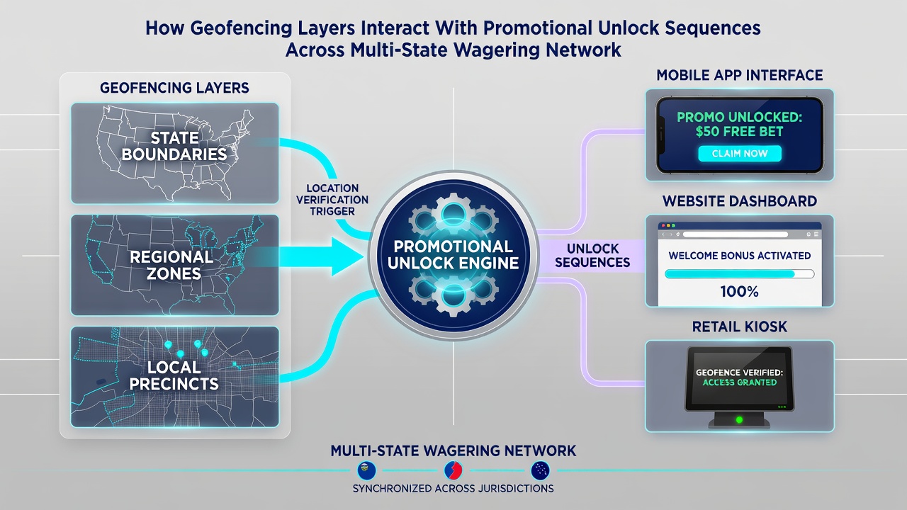 Promotional sequence flowchart showing layered geofence checks