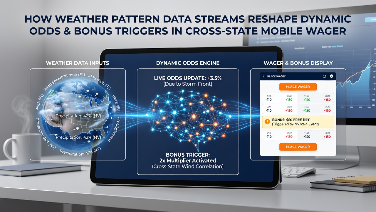 Mobile device displaying adjusted betting odds influenced by live weather data streams