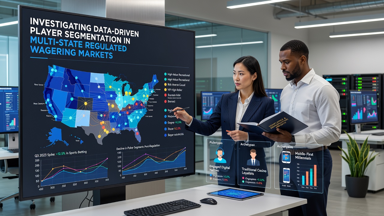 Analyst reviewing multi-state player segmentation reports on dual monitors displaying cluster heatmaps and regulatory compliance checklists