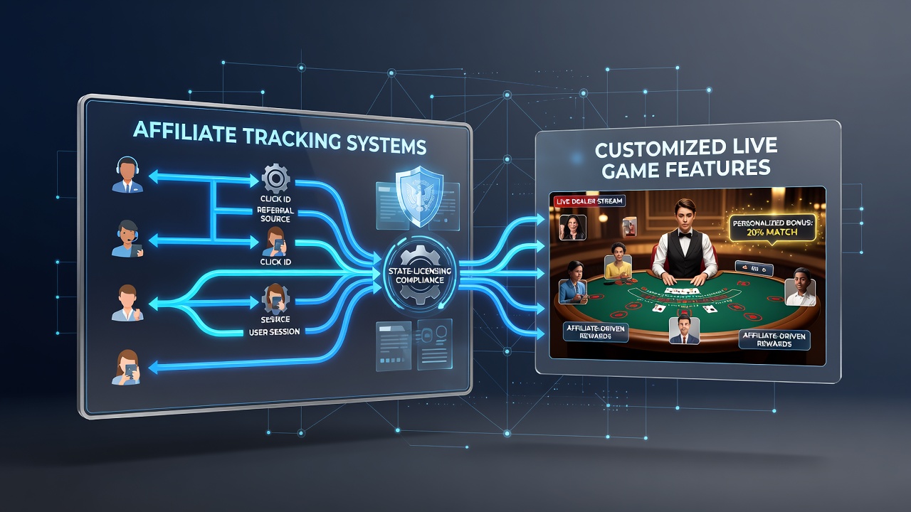 Affiliate tracking dashboards displaying referral data streams that feed into live game personalization engines on state-licensed betting platforms