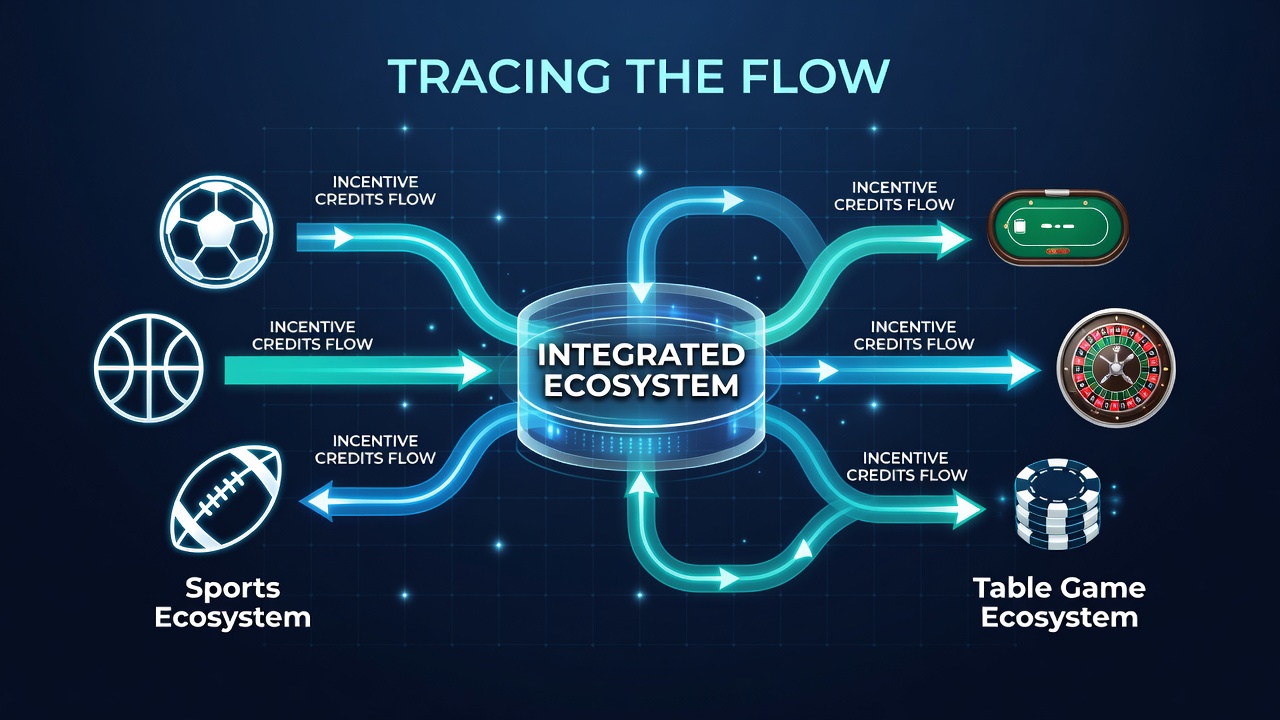 Diagram showing incentive credit pathways between sports betting interfaces and table game terminals in an integrated casino platform