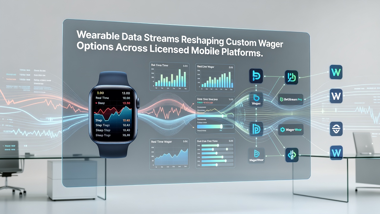 Mobile interface displaying real-time wearable data streams adjusting custom wager parameters