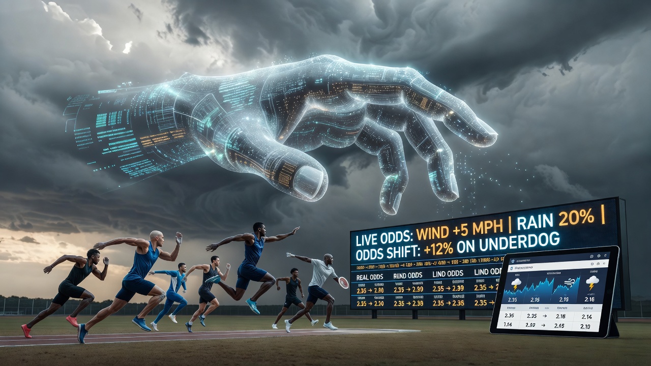 Live odds display updating with weather data overlays during an outdoor sporting event